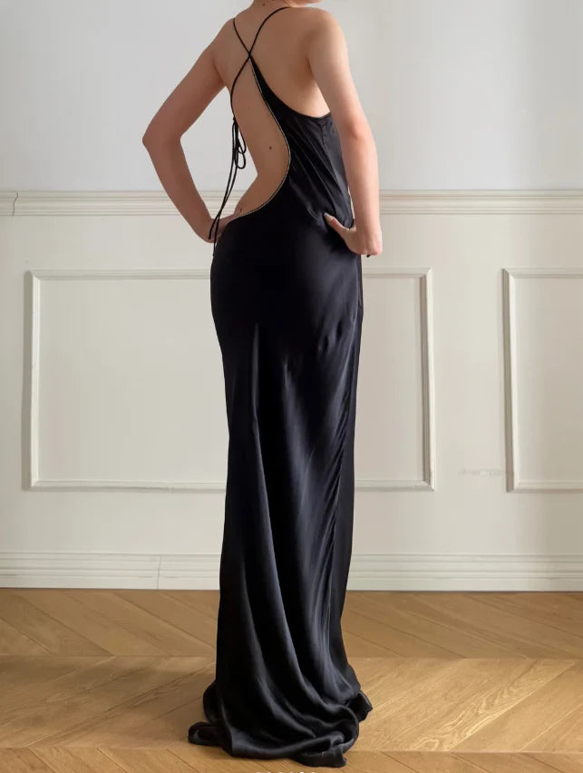 Elegant Black Spaghetti Strap Prom Dress With Cowl Neck Open Back And Crystal Trimmed Cutout For Formal Evening Party