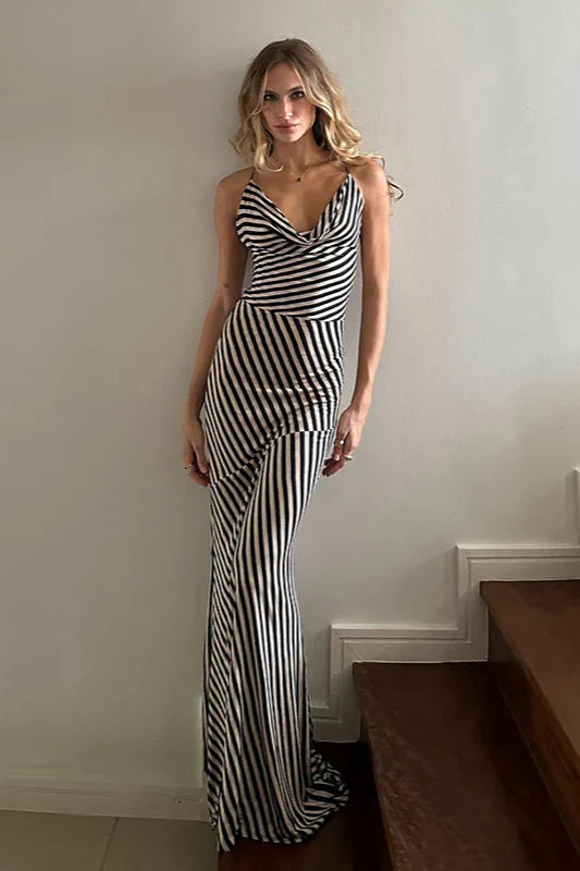 Elegant Black and White Striped Cowl Neck Lace Up Back Mermaid Maxi Prom Dress For Cocktail Party Bridal Shower
