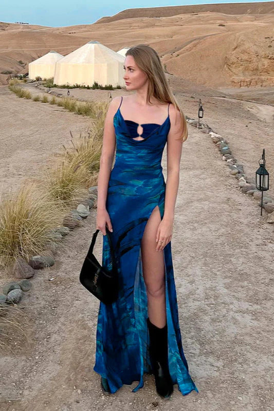Elegant Blue Abstract Print Spaghetti Strap Cowl Neck Maxi Prom Dress With Keyhole Cutout And High Slit For Cocktail Party Wedding Guest