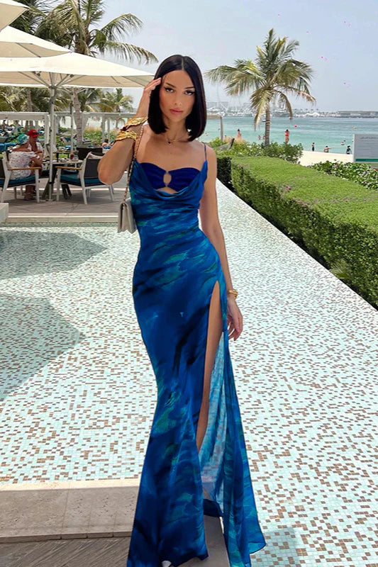 Elegant Blue Abstract Print Spaghetti Strap Cowl Neck Maxi Prom Dress With Keyhole Cutout And High Slit For Cocktail Party Wedding Guest