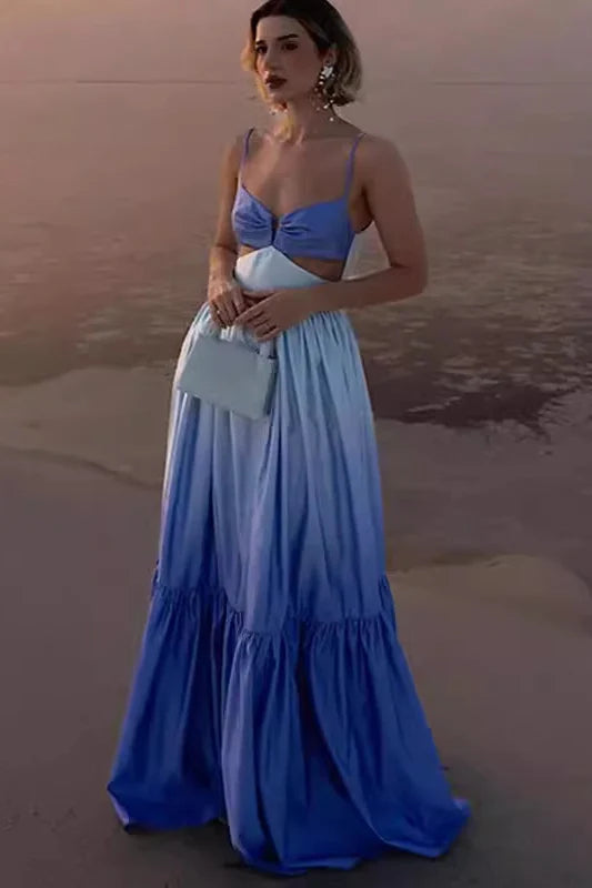 Elegant Blue Ombre Spaghetti Strap Crop Top Cutout Maxi Prom Dress For Beach Party Wedding Guest