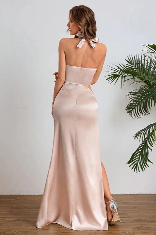Elegant Blush Pink Satin Halter Cutout High Slit Mermaid Maxi Prom Dress For Wedding Guest Cocktail Party