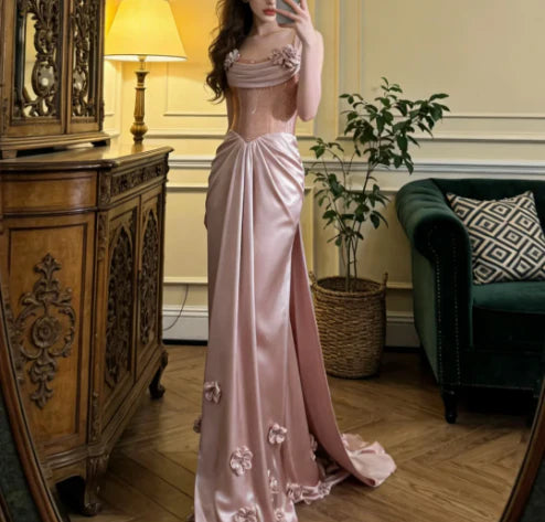 Elegant Blush Pink Satin Prom Dress With Corset Bodice 3D Floral Appliques And Flowing Train For Formal Evening Party