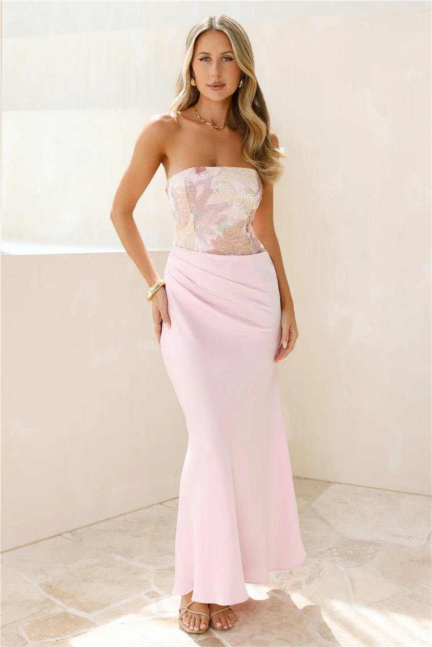 Elegant Blush Pink Strapless Floral Embroidered Mermaid Maxi Prom Dress For Wedding Guest Cocktail Party