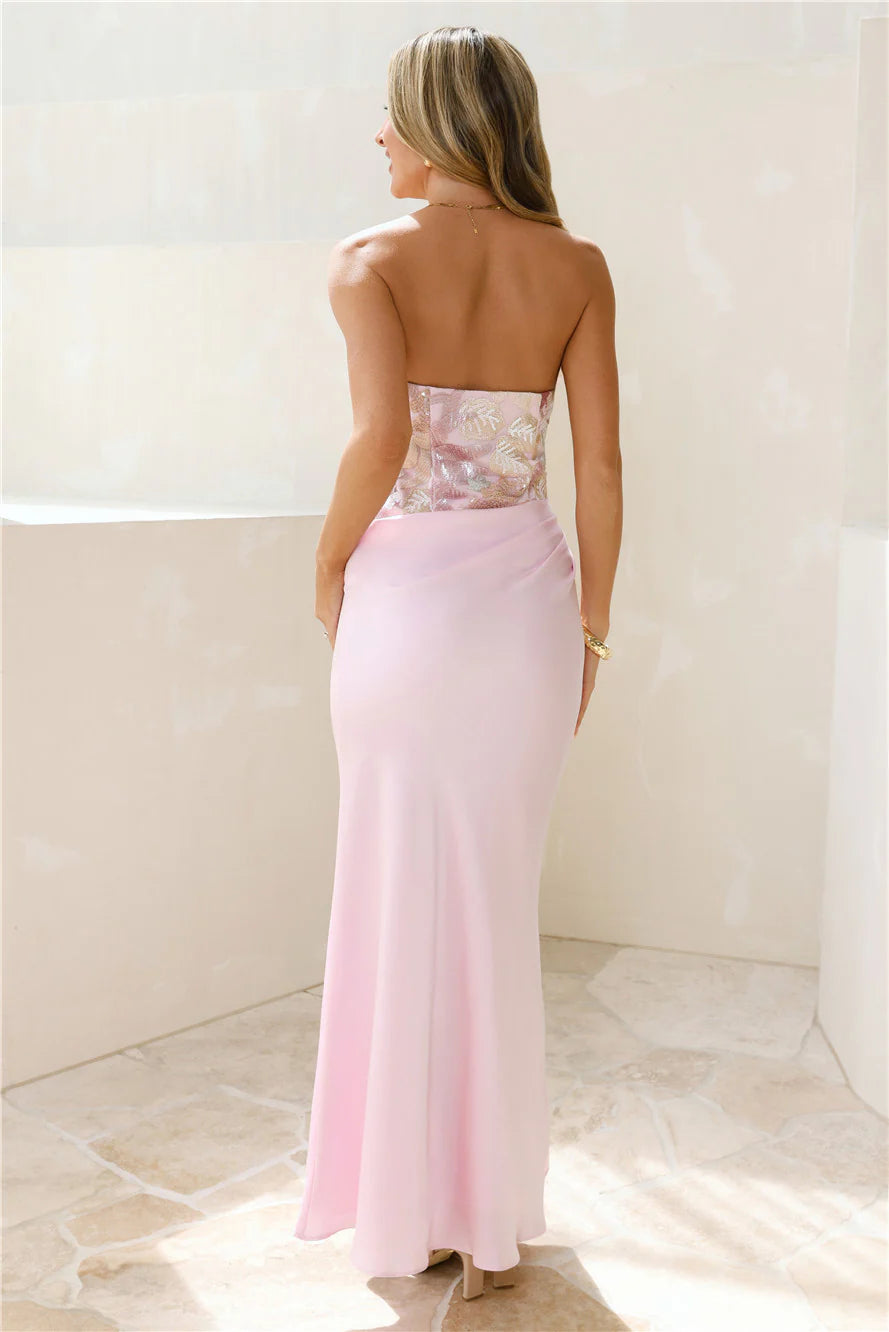 Elegant Blush Pink Strapless Floral Embroidered Mermaid Maxi Prom Dress For Wedding Guest Cocktail Party