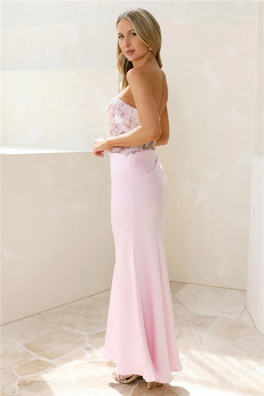 Elegant Blush Pink Strapless Floral Embroidered Mermaid Maxi Prom Dress For Wedding Guest Cocktail Party