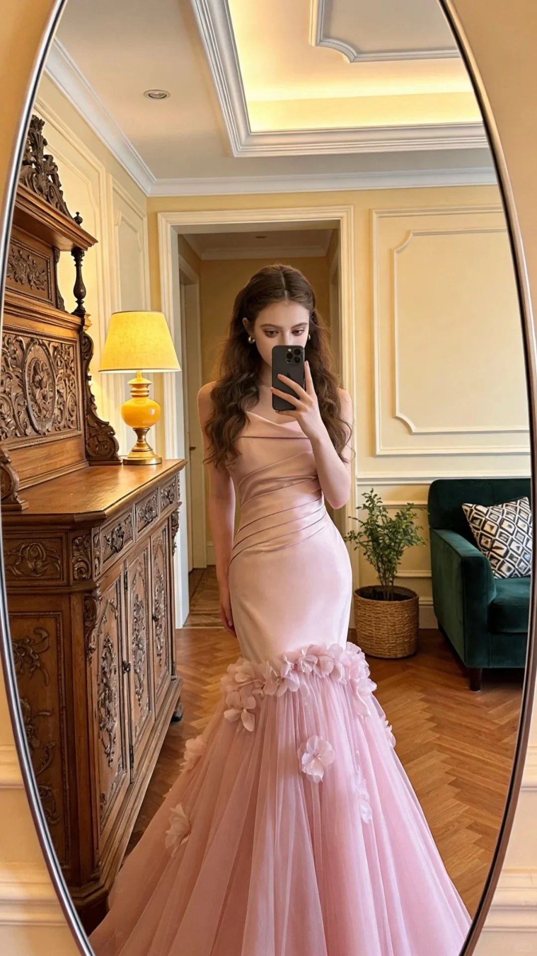 Elegant Blush Pink Strapless Prom Dress With Draped Bodice Ruffled Tulle Mermaid Skirt And 3D Floral Accents For Formal Evening Party