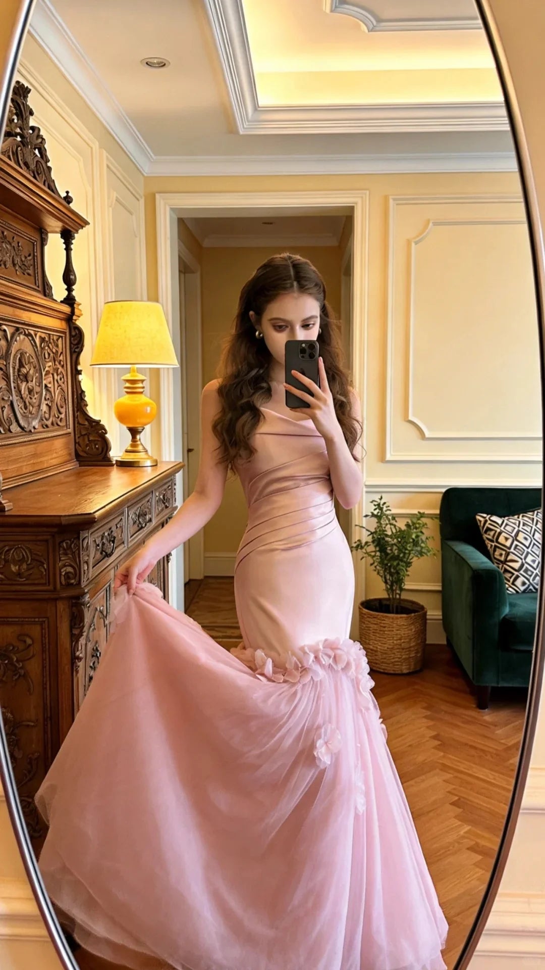 Elegant Blush Pink Strapless Prom Dress With Draped Bodice Ruffled Tulle Mermaid Skirt And 3D Floral Accents For Formal Evening Party