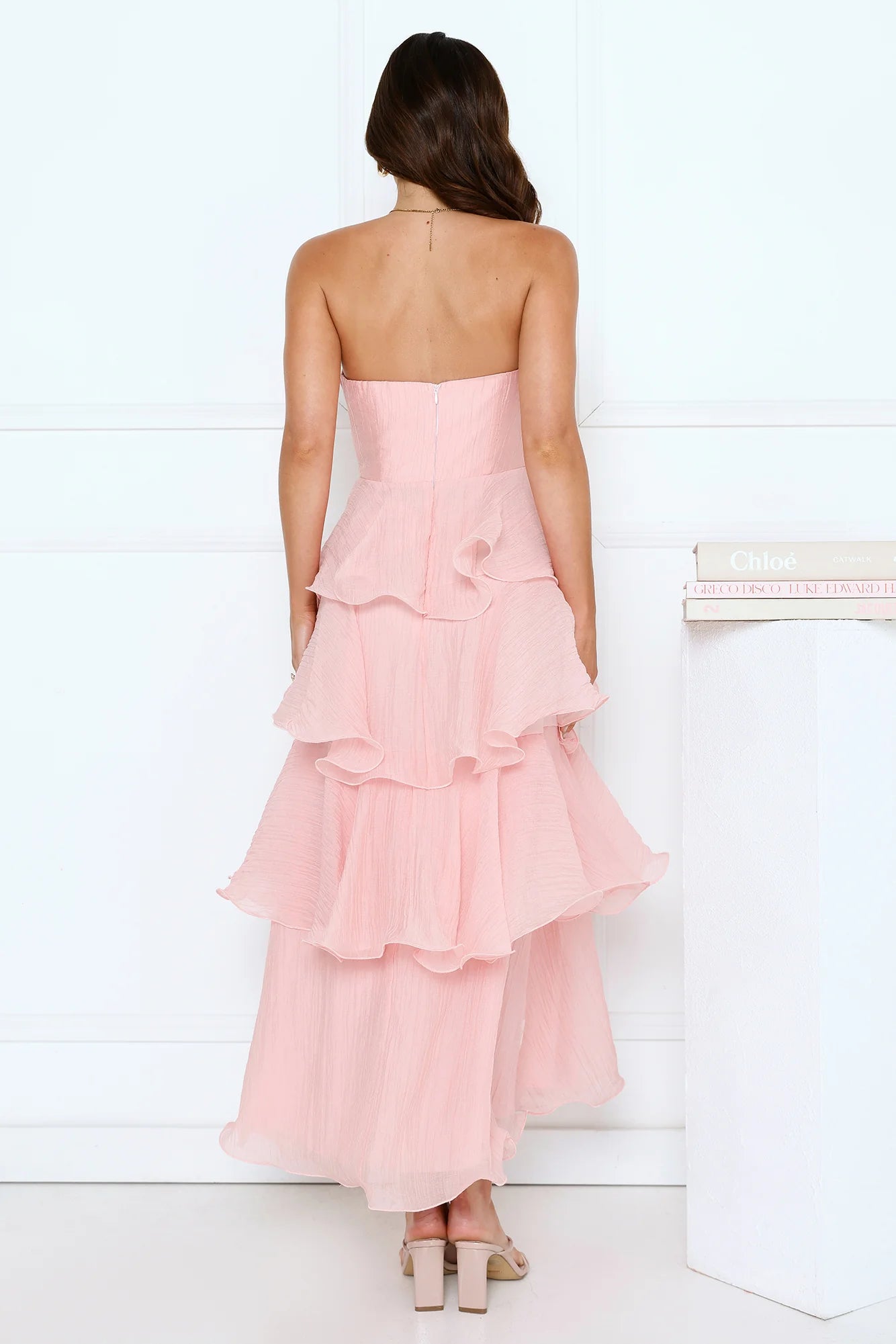 Elegant Blush Pink Strapless Tiered Ruffle Maxi Prom Dress For Bridal Shower Garden Party