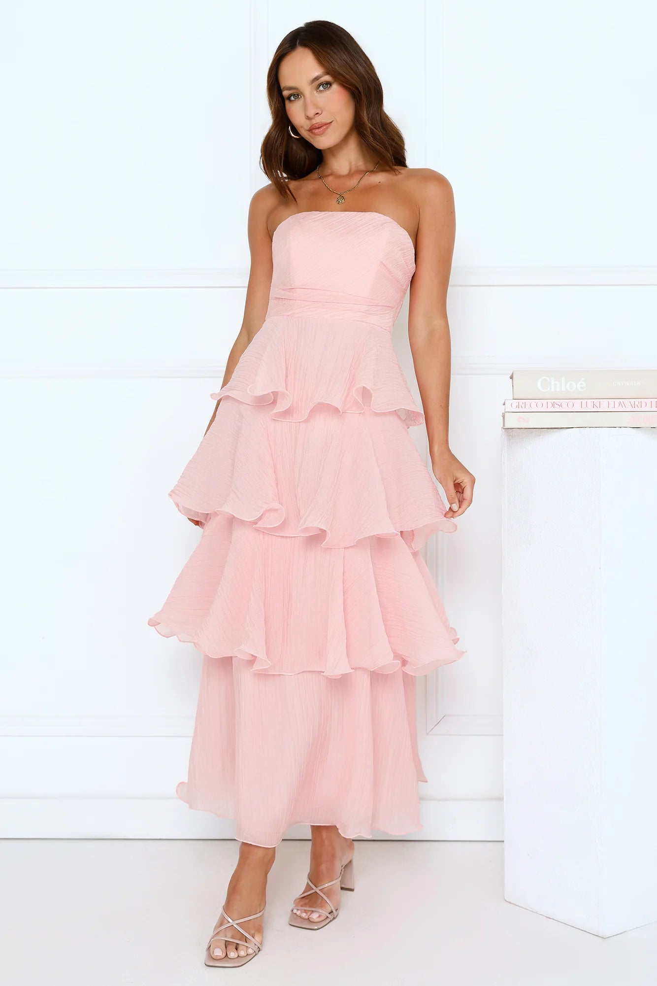 Elegant Blush Pink Strapless Tiered Ruffle Maxi Prom Dress For Bridal Shower Garden Party