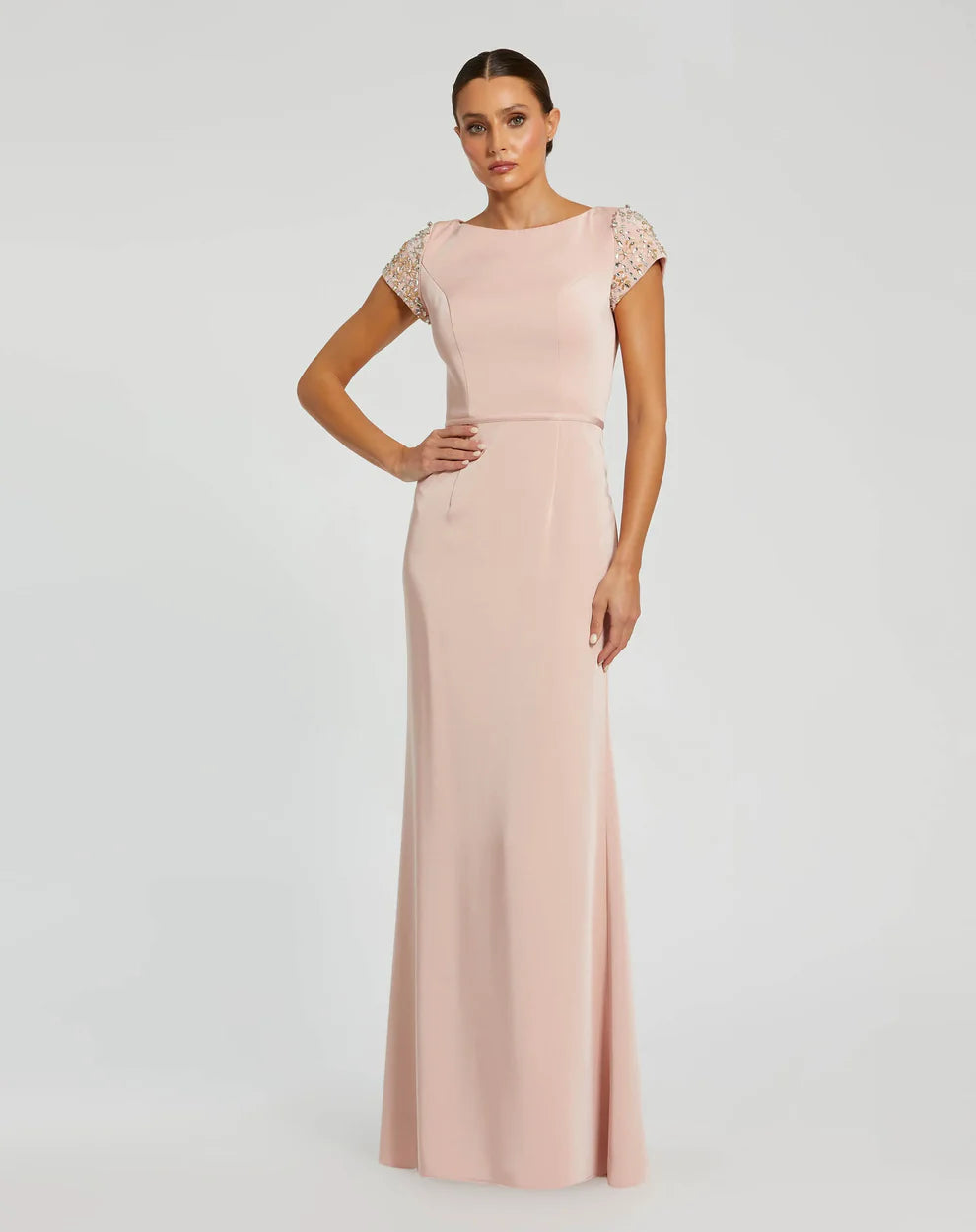 Elegant Boat Neck Short Sleeve Beaded Embellished Stretch Satin Bodycon Mermaid Maxi Prom Dress For Formal Evening Gala Wedding Guest Bridesmaid