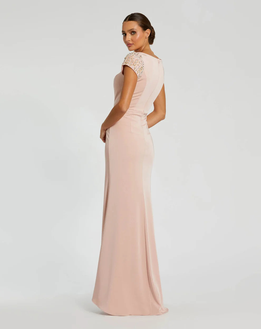 Elegant Boat Neck Short Sleeve Beaded Embellished Stretch Satin Bodycon Mermaid Maxi Prom Dress For Formal Evening Gala Wedding Guest Bridesmaid