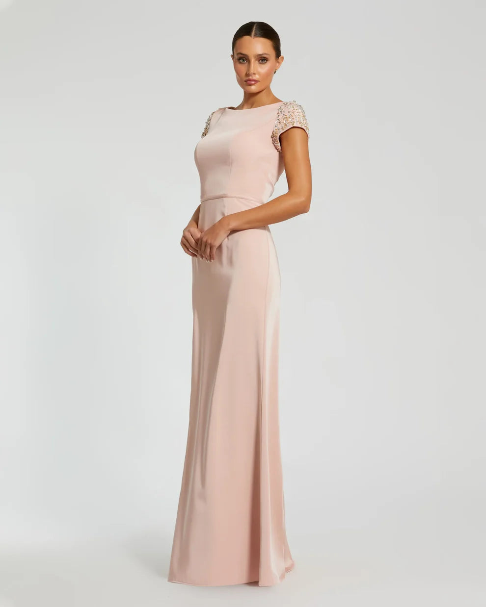 Elegant Boat Neck Short Sleeve Beaded Embellished Stretch Satin Bodycon Mermaid Maxi Prom Dress For Formal Evening Gala Wedding Guest Bridesmaid