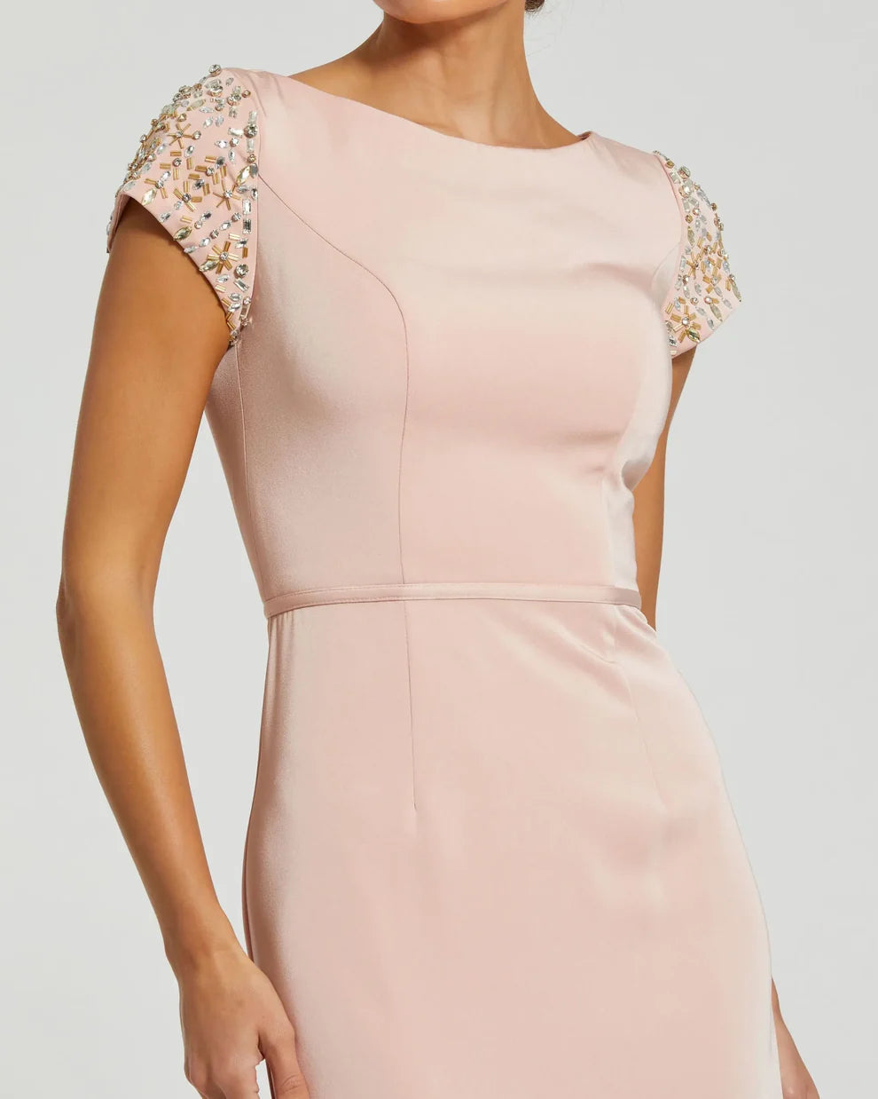 Elegant Boat Neck Short Sleeve Beaded Embellished Stretch Satin Bodycon Mermaid Maxi Prom Dress For Formal Evening Gala Wedding Guest Bridesmaid