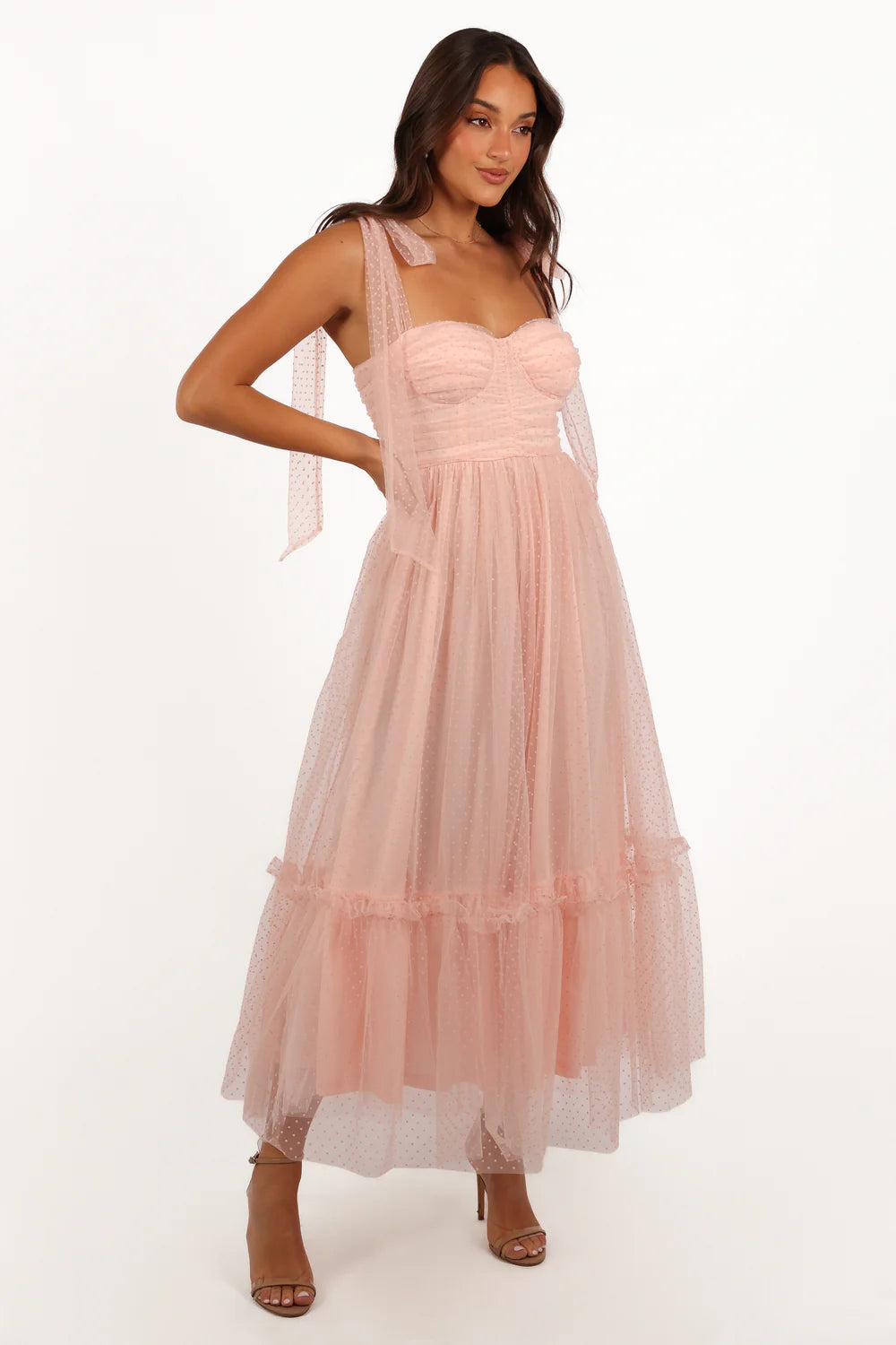 Elegant Bow Shoulder Smocked Bodice Dotted Tulle Tiered Ruffle Midi Prom Dress For Formal Evening Wedding Guest Bridesmaid Cocktail Party
