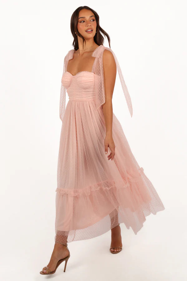 Elegant Bow Shoulder Smocked Bodice Dotted Tulle Tiered Ruffle Midi Prom Dress For Formal Evening Wedding Guest Bridesmaid Cocktail Party