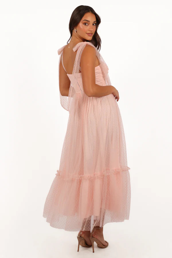 Elegant Bow Shoulder Smocked Bodice Dotted Tulle Tiered Ruffle Midi Prom Dress For Formal Evening Wedding Guest Bridesmaid Cocktail Party