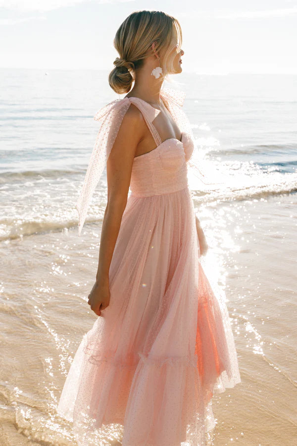 Elegant Bow Shoulder Smocked Bodice Dotted Tulle Tiered Ruffle Midi Prom Dress For Formal Evening Wedding Guest Bridesmaid Cocktail Party