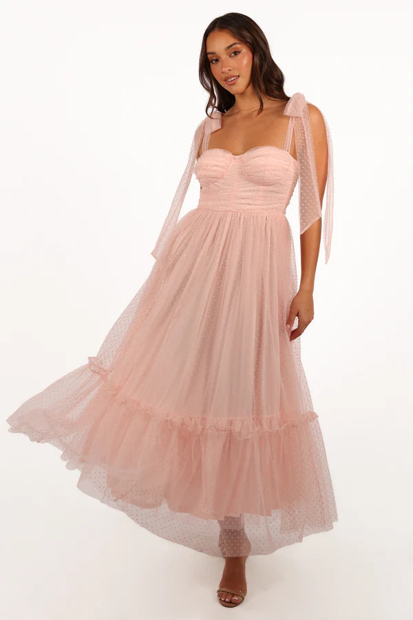 Elegant Bow Shoulder Smocked Bodice Dotted Tulle Tiered Ruffle Midi Prom Dress For Formal Evening Wedding Guest Bridesmaid Cocktail Party
