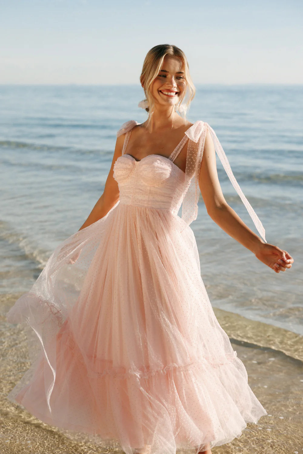 Elegant Bow Shoulder Smocked Bodice Dotted Tulle Tiered Ruffle Midi Prom Dress For Formal Evening Wedding Guest Bridesmaid Cocktail Party