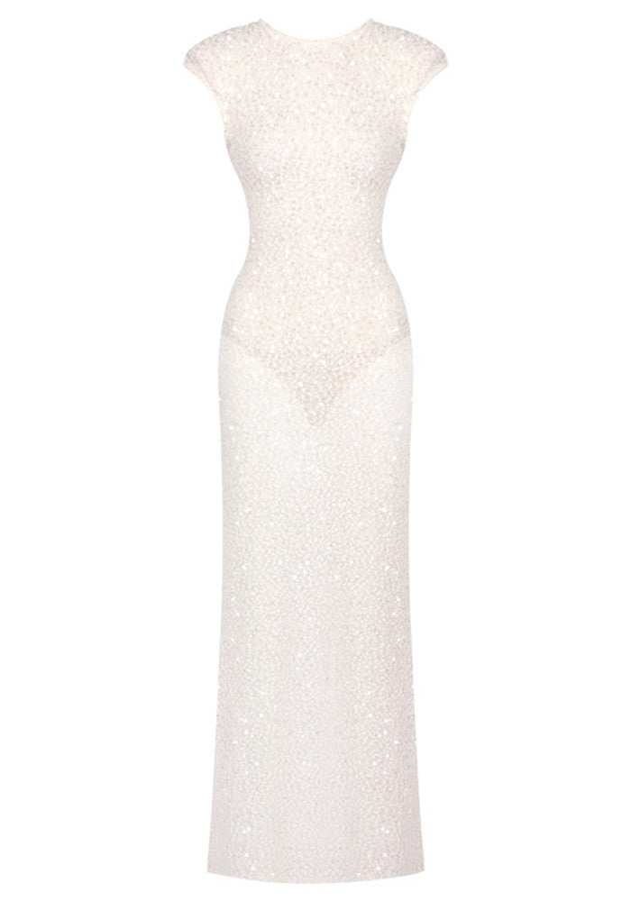 Elegant Cap Sleeve Round Neck Open Back Beaded Sequin Mesh Mermaid Maxi Prom Dress