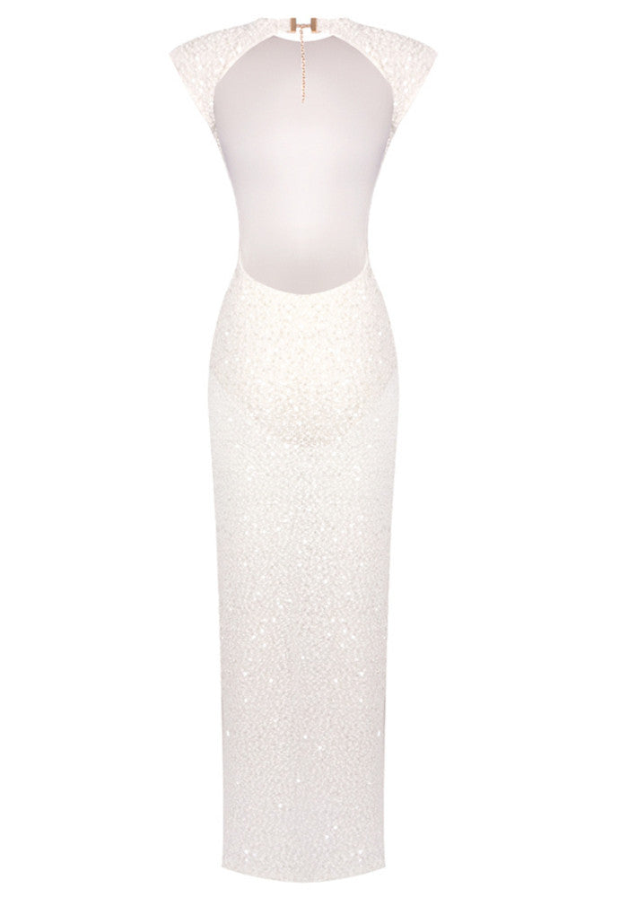 Elegant Cap Sleeve Round Neck Open Back Beaded Sequin Mesh Mermaid Maxi Prom Dress