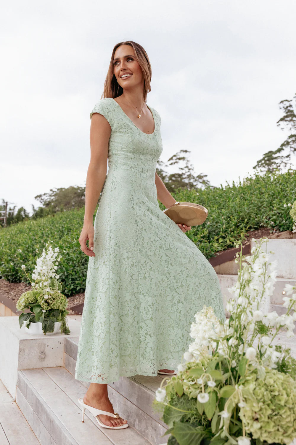 Elegant Cap Sleeve Scoop Neck Floral Lace Fitted Midi Prom Dress For Formal Evening Wedding Guest Bridesmaid Cocktail Party