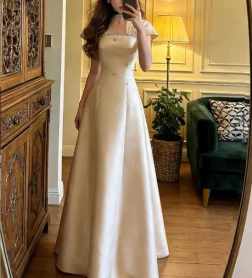 Elegant Champagne Satin Prom Dress With Short Sleeves Rhinestone Trim And A-Line Maxi Skirt For Formal Evening Party