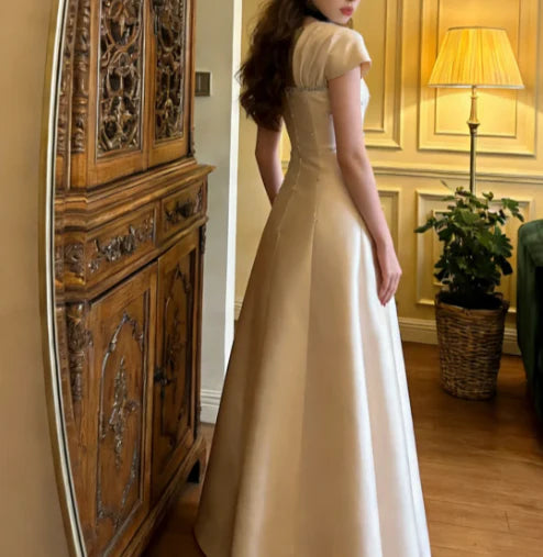 Elegant Champagne Satin Prom Dress With Short Sleeves Rhinestone Trim And A-Line Maxi Skirt For Formal Evening Party