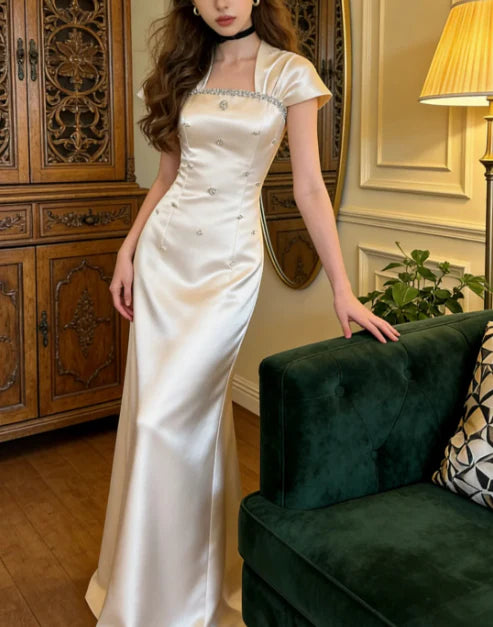 Elegant Champagne Satin Prom Dress With Short Sleeves Rhinestone Trim And A-Line Maxi Skirt For Formal Evening Party