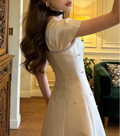 Elegant Champagne Satin Prom Dress With Short Sleeves Rhinestone Trim And A-Line Maxi Skirt For Formal Evening Party