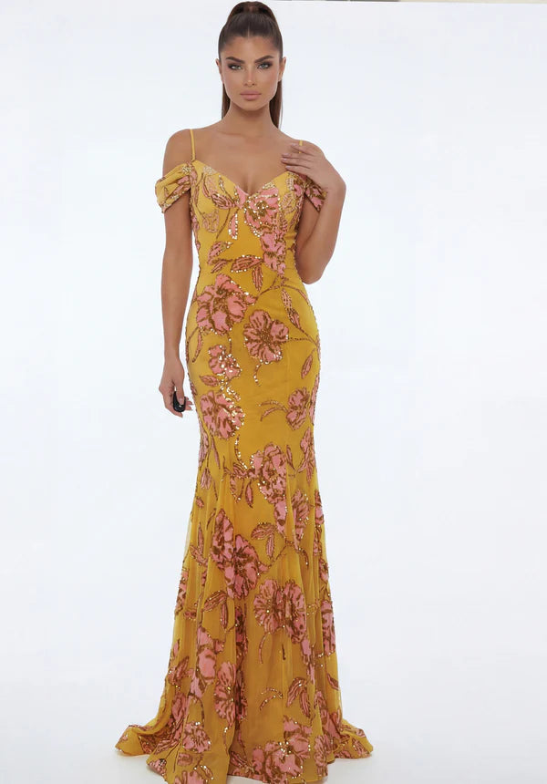 Elegant Cold Shoulder Spaghetti Strap Floral Sequin Mermaid Maxi Prom Dress For Formal Evening Wedding Guest