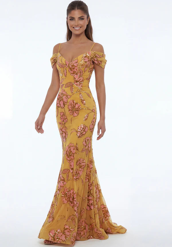 Elegant Cold Shoulder Spaghetti Strap Floral Sequin Mermaid Maxi Prom Dress For Formal Evening Wedding Guest