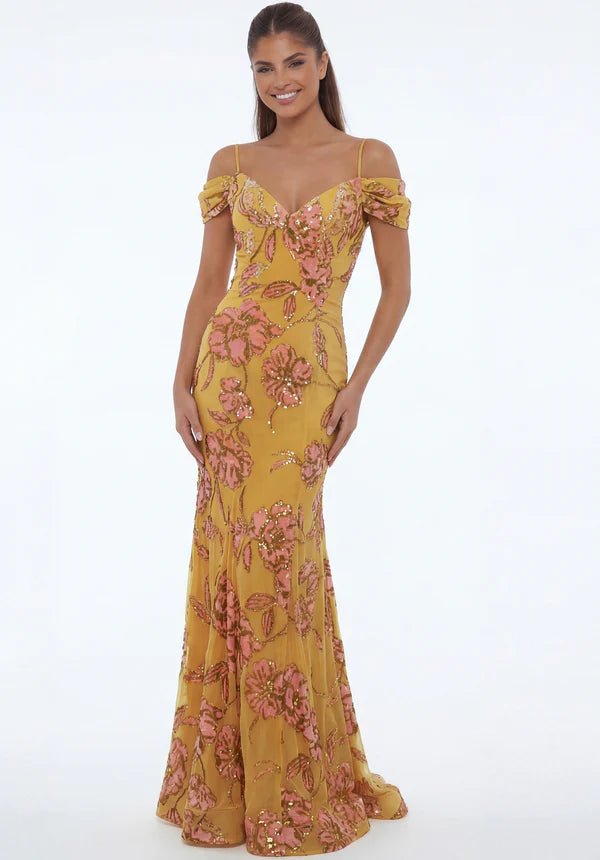 Elegant Cold Shoulder Spaghetti Strap Floral Sequin Mermaid Maxi Prom Dress For Formal Evening Wedding Guest