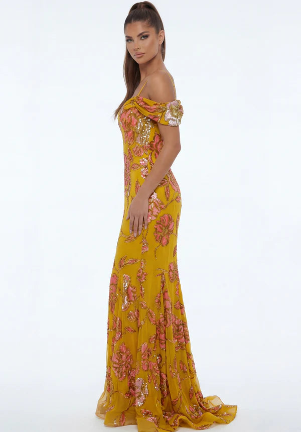 Elegant Cold Shoulder Spaghetti Strap Floral Sequin Mermaid Maxi Prom Dress For Formal Evening Wedding Guest