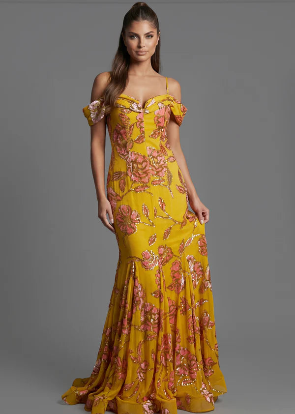 Elegant Cold Shoulder Spaghetti Strap Floral Sequin Mermaid Maxi Prom Dress For Formal Evening Wedding Guest
