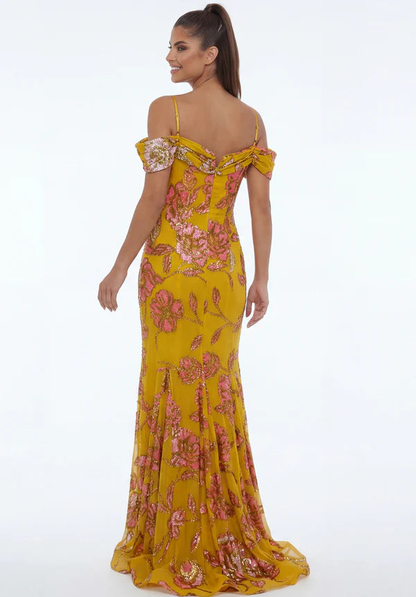 Elegant Cold Shoulder Spaghetti Strap Floral Sequin Mermaid Maxi Prom Dress For Formal Evening Wedding Guest