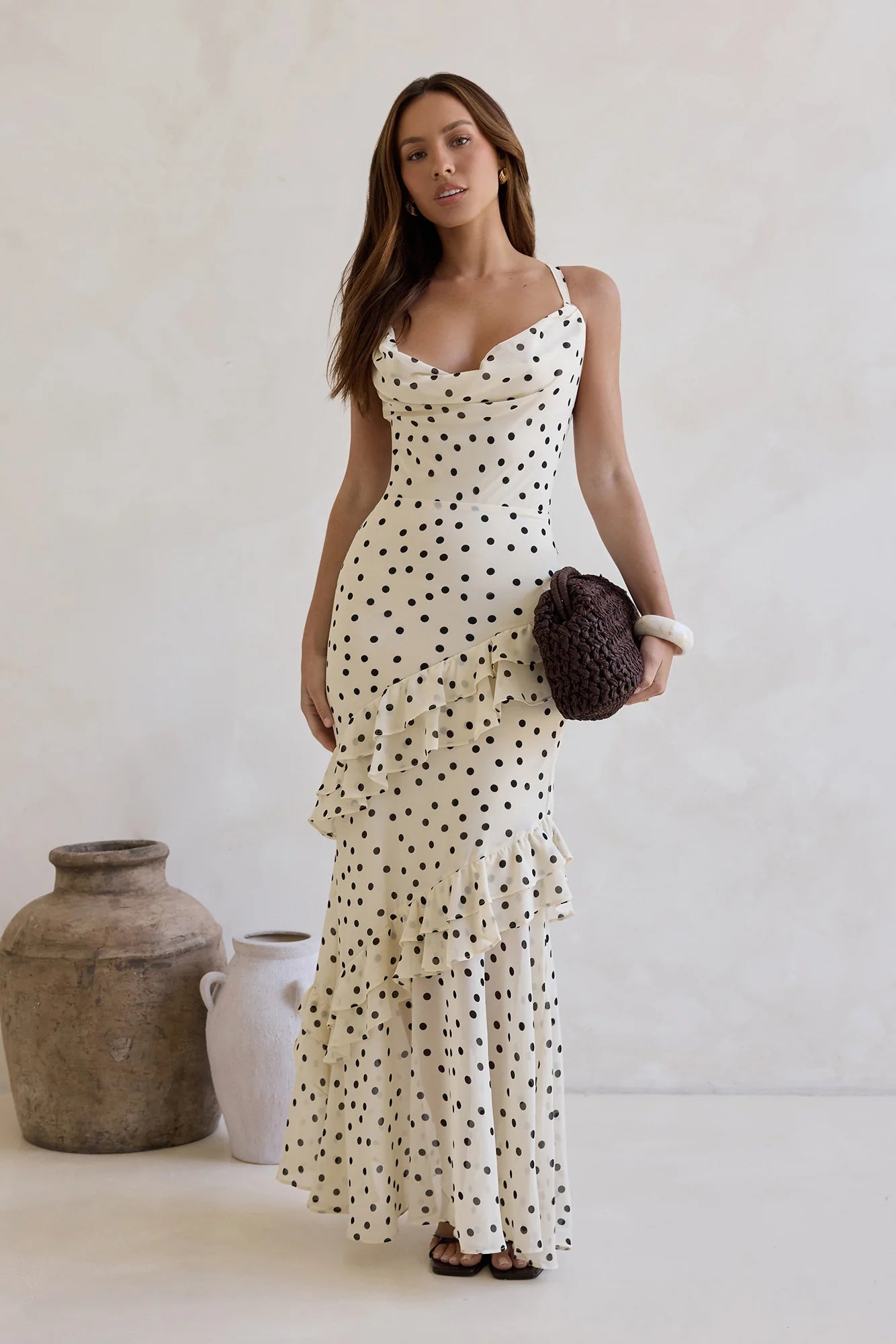Elegant Cowl Neck Cross Back Tiered Ruffle Polka Dot Print Maxi Prom Dress For Formal Evening Wedding Guest Bridesmaid Cocktail Party
