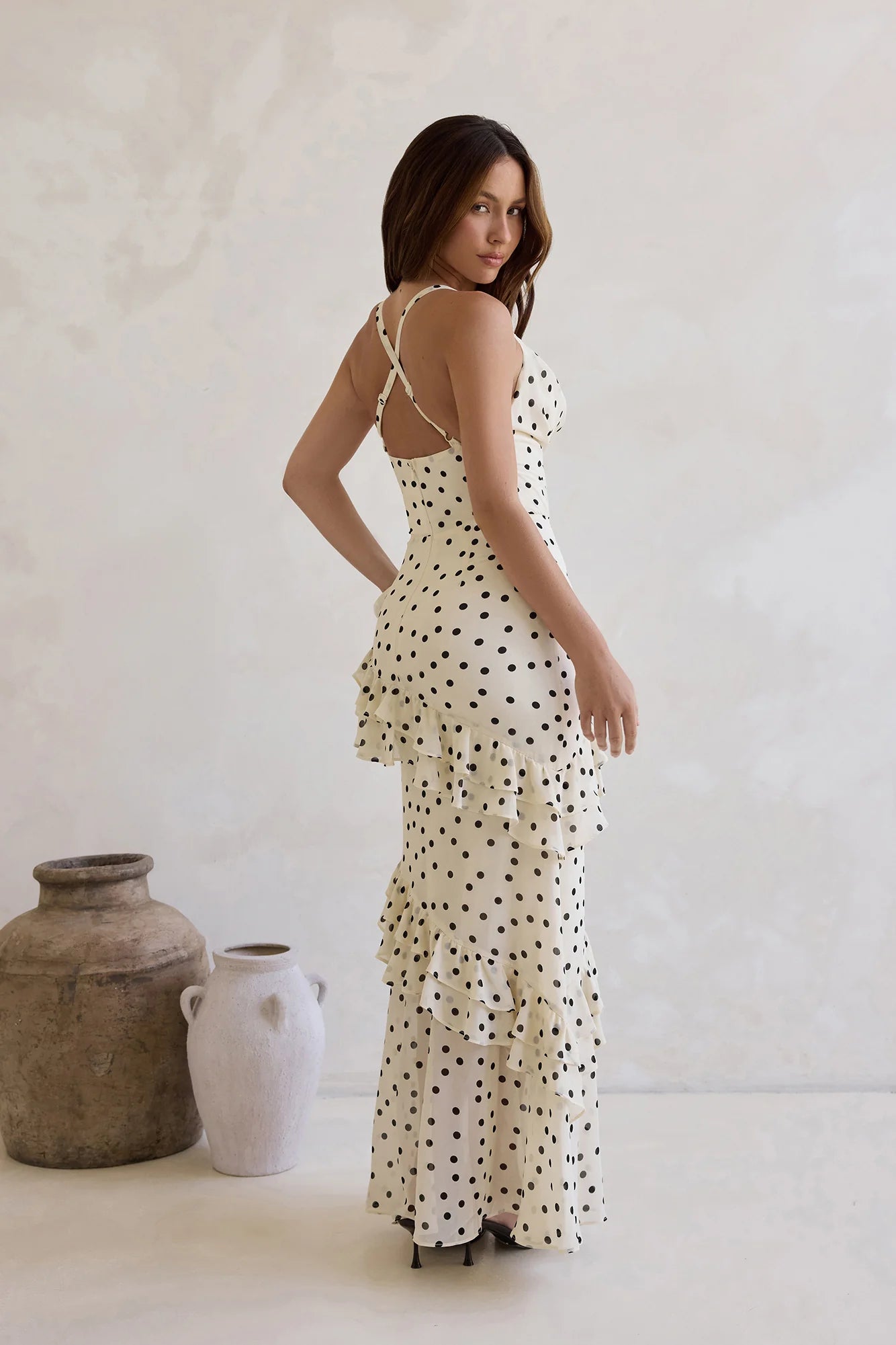 Elegant Cowl Neck Cross Back Tiered Ruffle Polka Dot Print Maxi Prom Dress For Formal Evening Wedding Guest Bridesmaid Cocktail Party