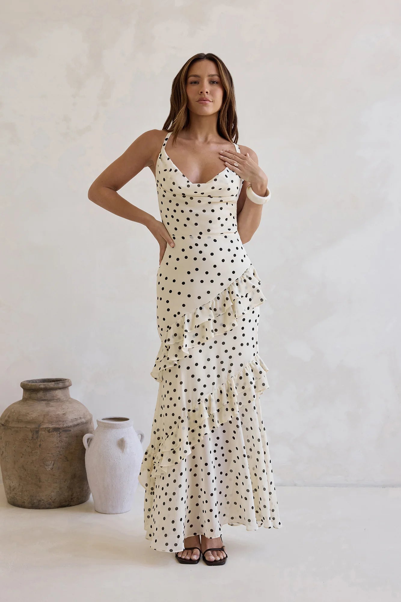 Elegant Cowl Neck Cross Back Tiered Ruffle Polka Dot Print Maxi Prom Dress For Formal Evening Wedding Guest Bridesmaid Cocktail Party