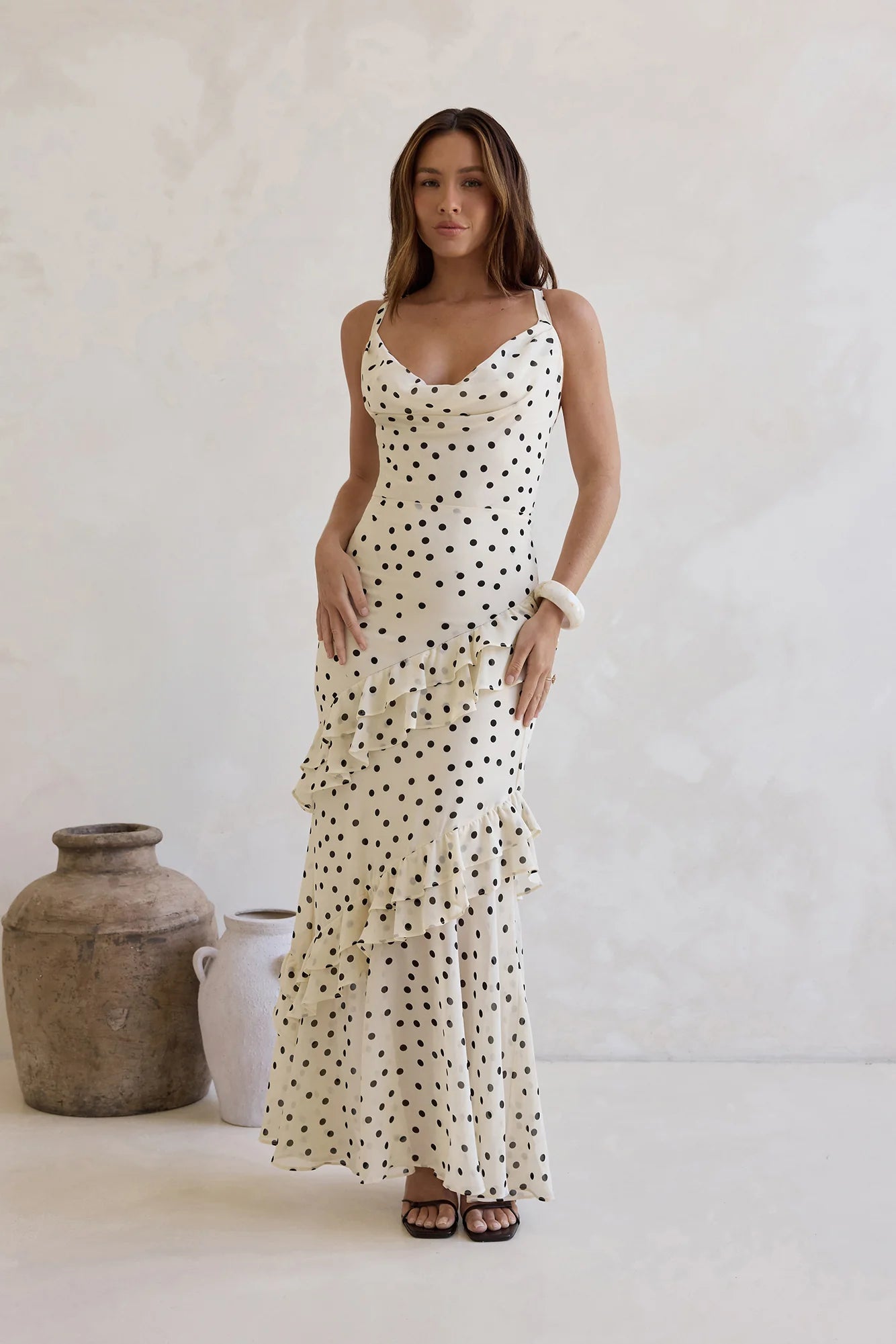 Elegant Cowl Neck Cross Back Tiered Ruffle Polka Dot Print Maxi Prom Dress For Formal Evening Wedding Guest Bridesmaid Cocktail Party