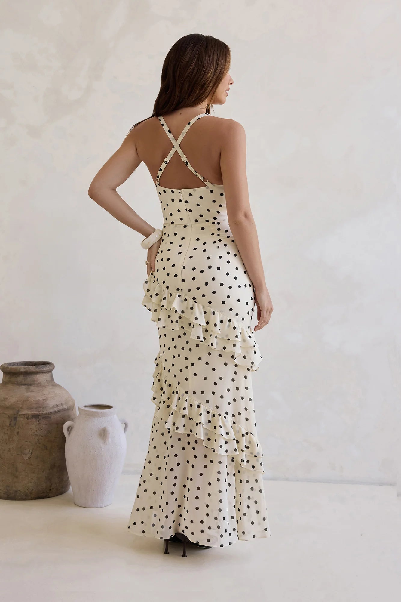Elegant Cowl Neck Cross Back Tiered Ruffle Polka Dot Print Maxi Prom Dress For Formal Evening Wedding Guest Bridesmaid Cocktail Party