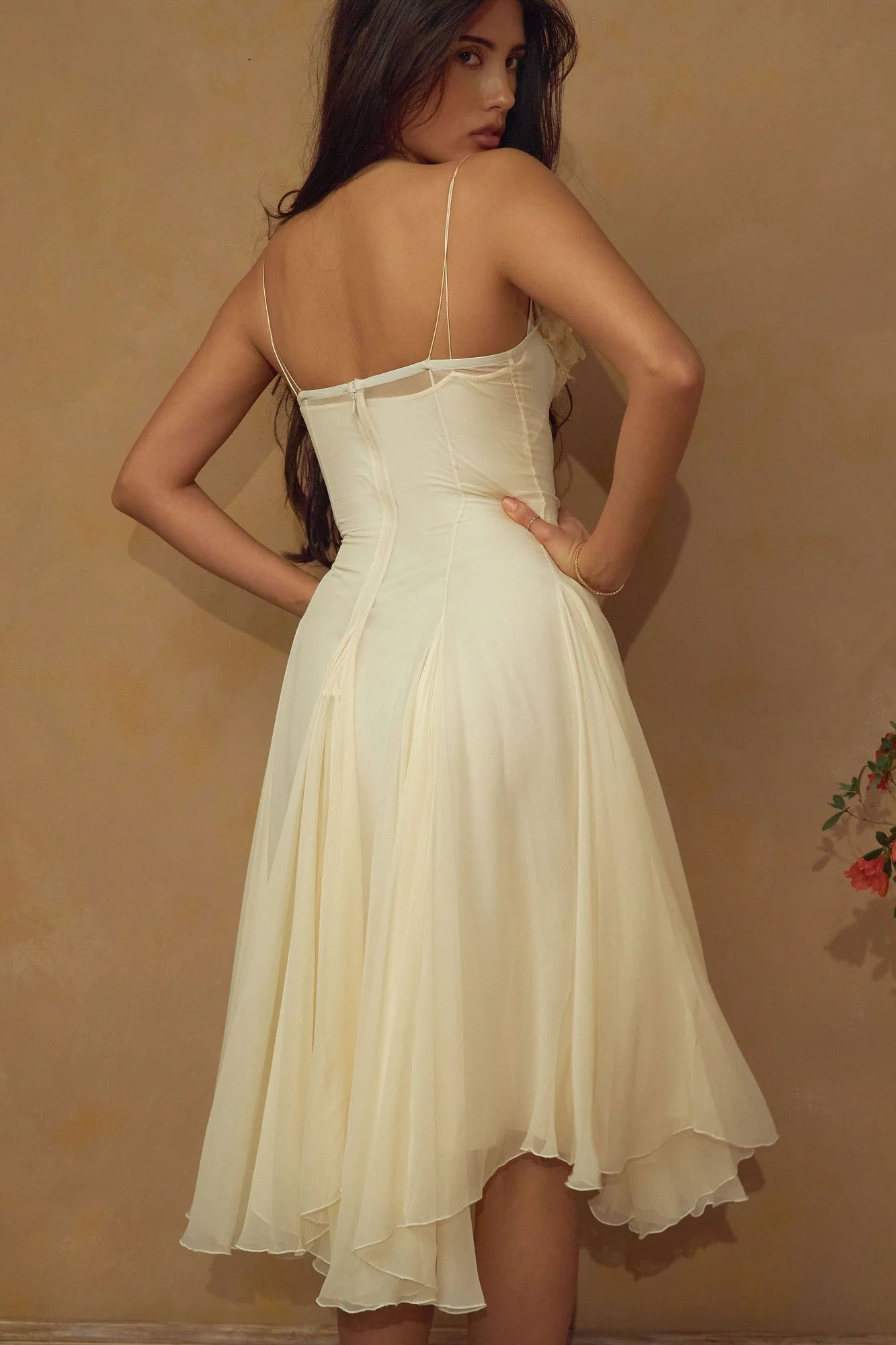 Elegant Cream V-neck Cross Strap Ruffled Hem Midi Evening Dresses