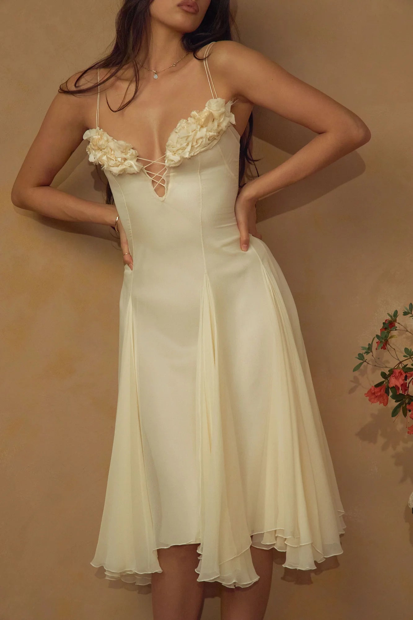Elegant Cream V-neck Cross Strap Ruffled Hem Midi Evening Dresses