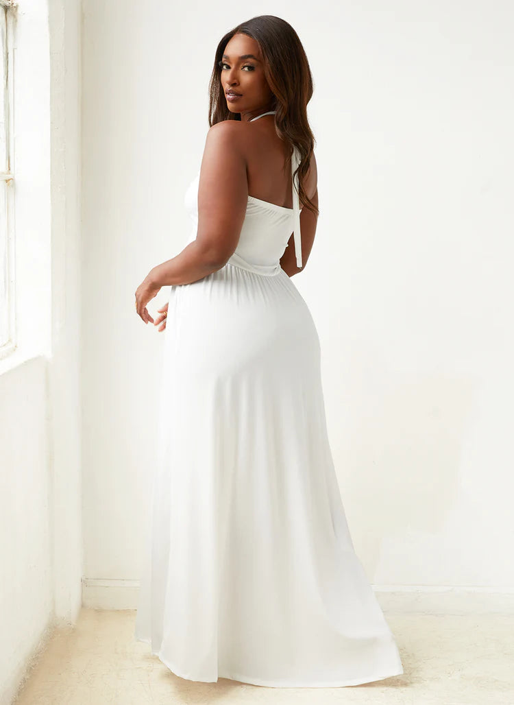 Elegant Criss Cross Halter Deep V Neck Ruched Bodice Flowy Maxi Evening Dress