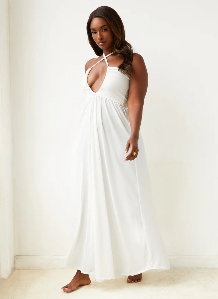 Elegant Criss Cross Halter Deep V Neck Ruched Bodice Flowy Maxi Evening Dress