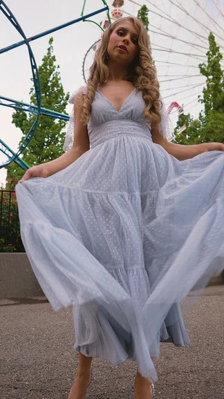 Elegant Deep V Neck Tie Shoulder Detail Open Back Tiered Ruffle Hem Polka Dot Print Midi Evening Dress For Formal Evening Prom Wedding Guest Bridesmaid Beach Wedding Cocktail Party Gala