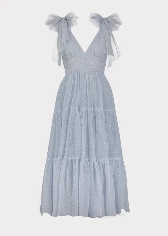 Elegant Deep V Neck Tie Shoulder Detail Open Back Tiered Ruffle Hem Polka Dot Print Midi Evening Dress For Formal Evening Prom Wedding Guest Bridesmaid Beach Wedding Cocktail Party Gala