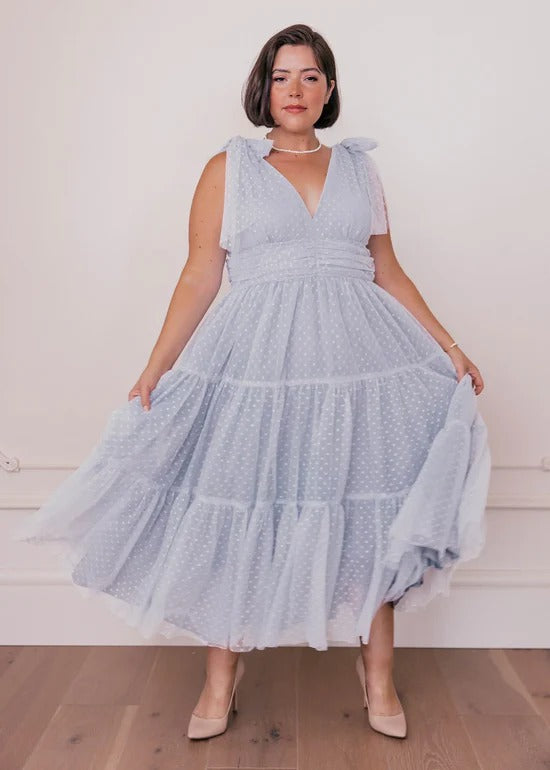 Elegant Deep V Neck Tie Shoulder Detail Open Back Tiered Ruffle Hem Polka Dot Print Midi Evening Dress For Formal Evening Prom Wedding Guest Bridesmaid Beach Wedding Cocktail Party Gala