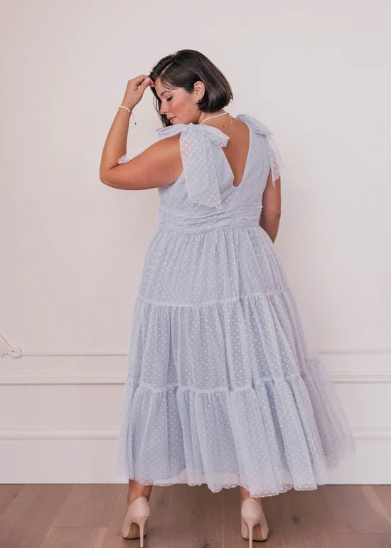 Elegant Deep V Neck Tie Shoulder Detail Open Back Tiered Ruffle Hem Polka Dot Print Midi Evening Dress For Formal Evening Prom Wedding Guest Bridesmaid Beach Wedding Cocktail Party Gala